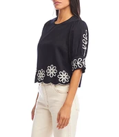 Karen Kane Embroidered Round Neck 3/4 Sleeve Scalloped Hem Top