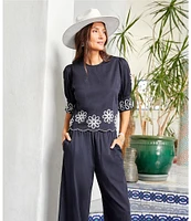 Karen Kane Embroidered Round Neck 3/4 Sleeve Scalloped Hem Top
