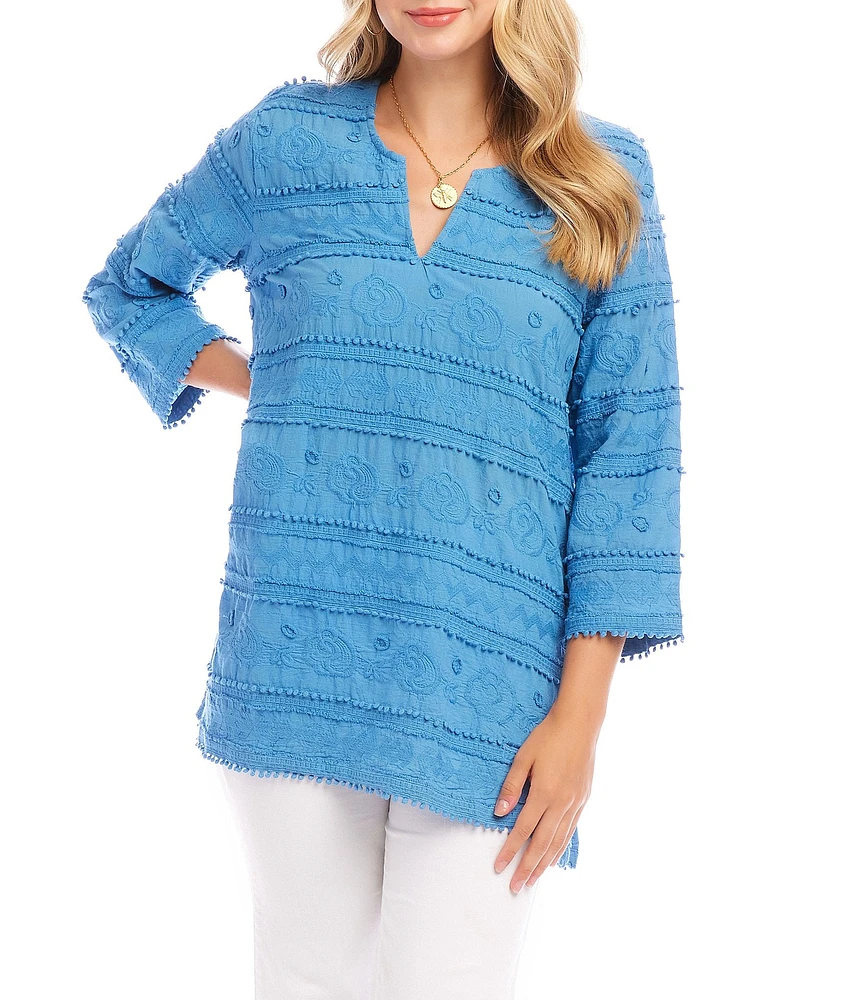 Karen Kane Embroidered Split-Neck 3/4 Flare Sleeve Tunic