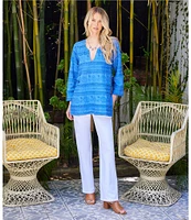 Karen Kane Embroidered Split-Neck 3/4 Flare Sleeve Tunic