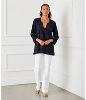 Karen Kane Embroidered Split-Neck 3/4 Flare Sleeve Tunic