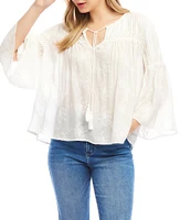 Karen Kane Embroidered Split V-Neck 3/4 Flowy Flare Sleeve Tassel Tie Top