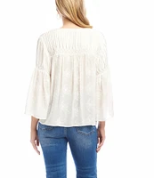 Karen Kane Embroidered Split V-Neck 3/4 Flowy Flare Sleeve Tassel Tie Top