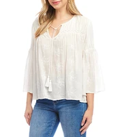 Karen Kane Embroidered Split V-Neck 3/4 Flowy Flare Sleeve Tassel Tie Top