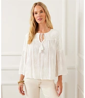 Karen Kane Embroidered Split V-Neck 3/4 Flowy Flare Sleeve Tassel Tie Top