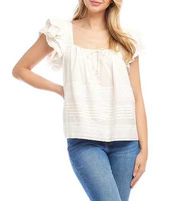 Karen Kane Embroidered Square Neck Short Ruffle Sleeve Blouse