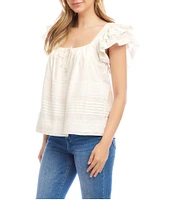 Karen Kane Embroidered Square Neck Short Ruffle Sleeve Blouse