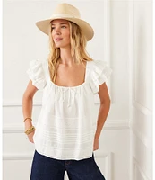 Karen Kane Embroidered Square Neck Short Ruffle Sleeve Blouse