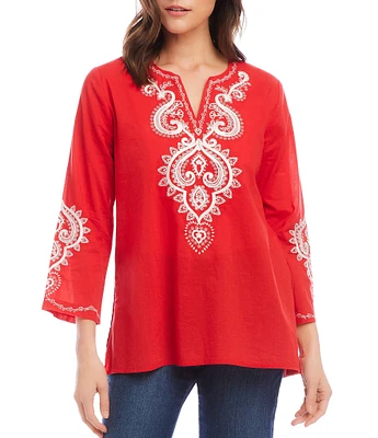 Karen Kane Embroidered V-Neck 3/4 Sleeve Tunic