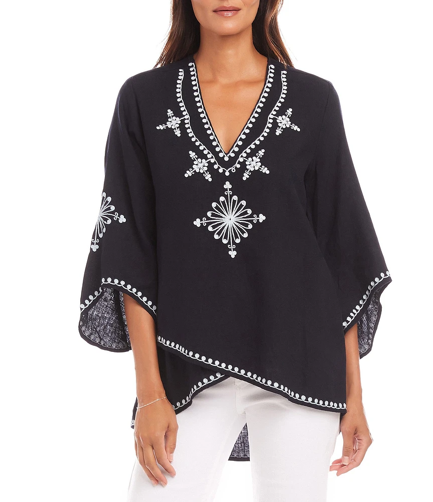 Karen Kane Embroidered V-Neck 3/4 Flare Sleeve Asymmetrical Top