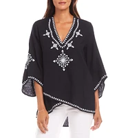 Karen Kane Embroidered V-Neck 3/4 Flare Sleeve Asymmetrical Top