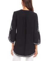 Karen Kane Embroidered V-Neck 3/4 Flare Sleeve Asymmetrical Top