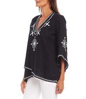 Karen Kane Embroidered V-Neck 3/4 Flare Sleeve Asymmetrical Top
