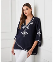 Karen Kane Embroidered V-Neck 3/4 Flare Sleeve Asymmetrical Top
