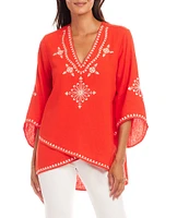 Karen Kane Embroidered V-Neck 3/4 Flare Sleeve Asymmetrical Top