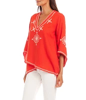 Karen Kane Embroidered V-Neck 3/4 Flare Sleeve Asymmetrical Top