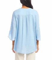 Karen Kane Embroidered V-Neck Linen Blend Flare 3/4 Sleeve Asymmetric Top
