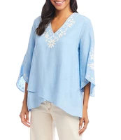 Karen Kane Embroidered V-Neck Linen Blend Flare 3/4 Sleeve Asymmetric Top