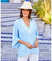 Karen Kane Embroidered V-Neck Linen Blend Flare 3/4 Sleeve Asymmetric Top
