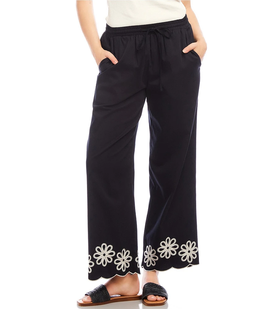 Karen Kane Embroidered Wide-Leg Pull-On Ankle Pants