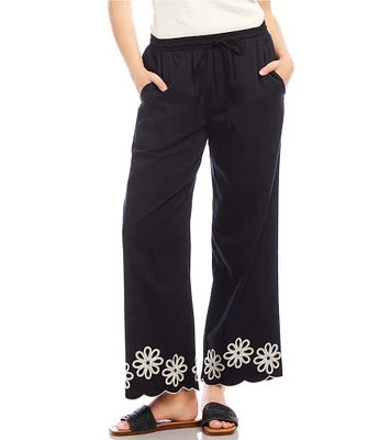Karen Kane Embroidered Wide-Leg Pull-On Ankle Pants