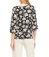 Karen Kane Floral Boat Neck 3/4 Flare Sleeve Side Pick-Up Hem Top