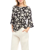 Karen Kane Floral Boat Neck 3/4 Flare Sleeve Side Pick-Up Hem Top