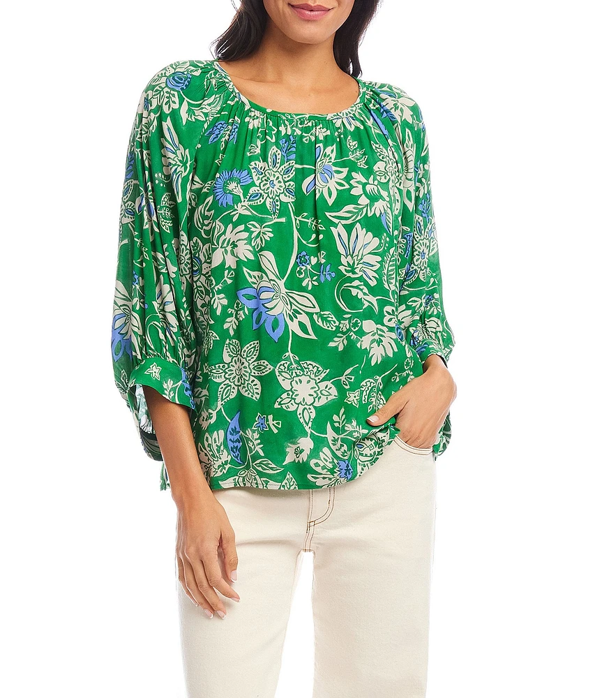Karen Kane Floral Crepe Scoop Neck 3/4 Blouson Sleeve Top