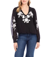 Karen Kane Floral Embroidered V-Neck Long Sleeve Blouson Top