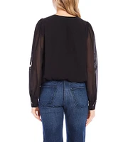 Karen Kane Floral Embroidered V-Neck Long Sleeve Blouson Top