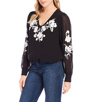 Karen Kane Floral Embroidered V-Neck Long Sleeve Blouson Top