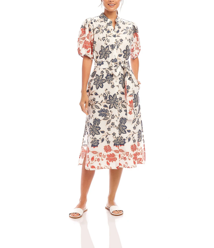 Karen Kane Floral Printed Mandarin Collar Puff Sleeve Belted Button-Front Midi Shirtdress