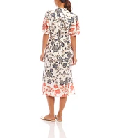 Karen Kane Floral Printed Mandarin Collar Puff Sleeve Belted Button-Front Midi Shirtdress