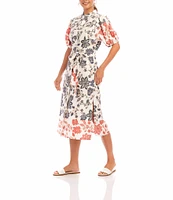 Karen Kane Floral Printed Mandarin Collar Puff Sleeve Belted Button-Front Midi Shirtdress