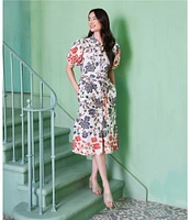 Karen Kane Floral Printed Mandarin Collar Puff Sleeve Belted Button-Front Midi Shirtdress