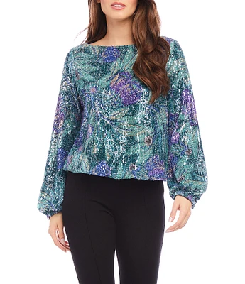 Karen Kane Floral Sequin Boat Neck Long Sleeve Top