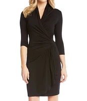 Karen Kane Gathered Waist Faux Wrap 3/4 Sleeve Surplice V-Neck Jersey Knit Dress