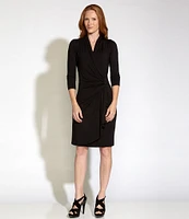 Karen Kane Gathered Waist Faux Wrap 3/4 Sleeve Surplice V-Neck Jersey Knit Dress