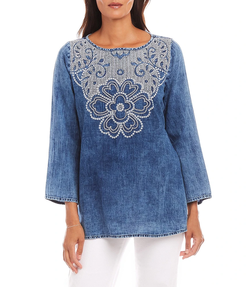 Karen Kane Indigo Denim Wash Embroidered Boat Neck 3/4 Flare Sleeve Tunic