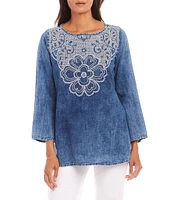 Karen Kane Indigo Denim Wash Embroidered Boat Neck 3/4 Flare Sleeve Tunic