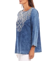 Karen Kane Indigo Denim Wash Embroidered Boat Neck 3/4 Flare Sleeve Tunic