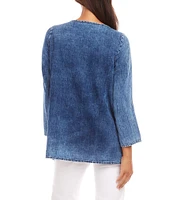 Karen Kane Indigo Denim Wash Embroidered Boat Neck 3/4 Flare Sleeve Tunic