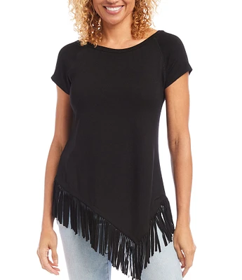 Karen Kane Jersey Knit Round Neck Short Sleeve Asymmetric Fringe Hem Shirt