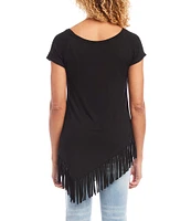 Karen Kane Jersey Knit Round Neck Short Sleeve Asymmetric Fringe Hem Shirt