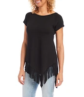 Karen Kane Jersey Knit Round Neck Short Sleeve Asymmetric Fringe Hem Shirt