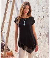 Karen Kane Jersey Knit Round Neck Short Sleeve Asymmetric Fringe Hem Shirt