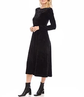 Karen Kane Kate Petite Size Stretch Crushed Velvet Boat Neck Long Sleeve A-Line Midi Dress