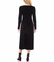 Karen Kane Kate Petite Size Stretch Crushed Velvet Boat Neck Long Sleeve A-Line Midi Dress