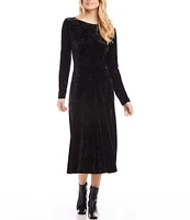 Karen Kane Kate Petite Size Stretch Crushed Velvet Boat Neck Long Sleeve A-Line Midi Dress