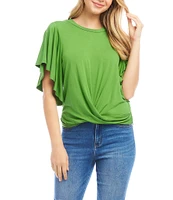 Karen Kane Knit Crew Neck Short Flowing Sleeve Front Twist Top
